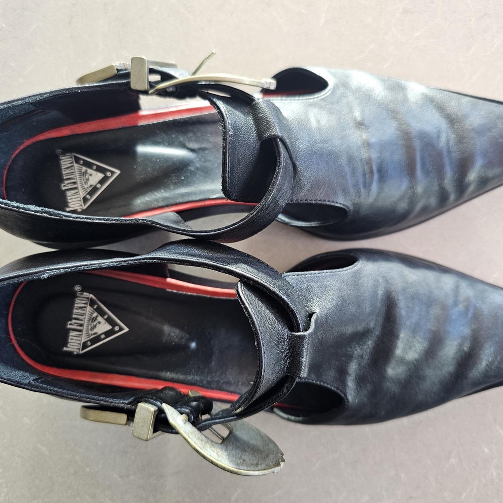 John Fluevog Articulate Mary Jane Heels Black Leather Pointed Toe